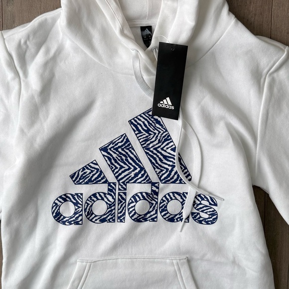 Adidas White Hoodie with Zebra Patterned Blue Logo NWT - Picture 6 of 8